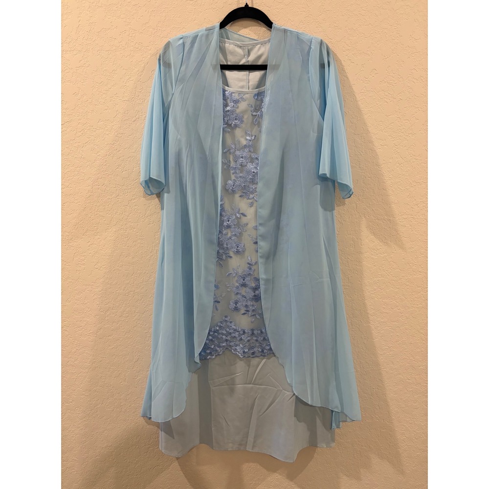 Light Blue Floral Lace Embroidered Dress and Sheer Cardigan Set 2 Piece Ensemble